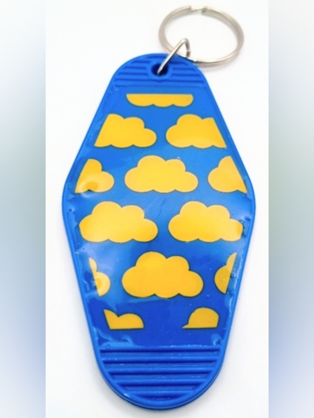 Retro Motel Keychain Blue Yellow Clouds Handmade Resin Vinyl Cute